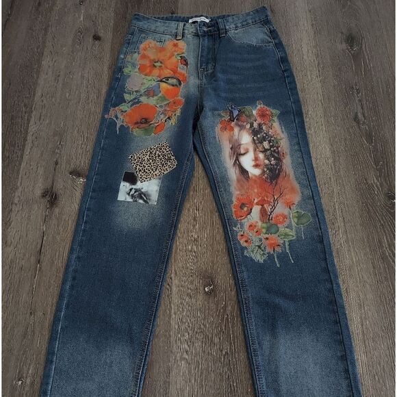 MissLook Women's Jeans Painted Floral Bird Fairy Raw Hem Small Blue - Picture 2 of 7
